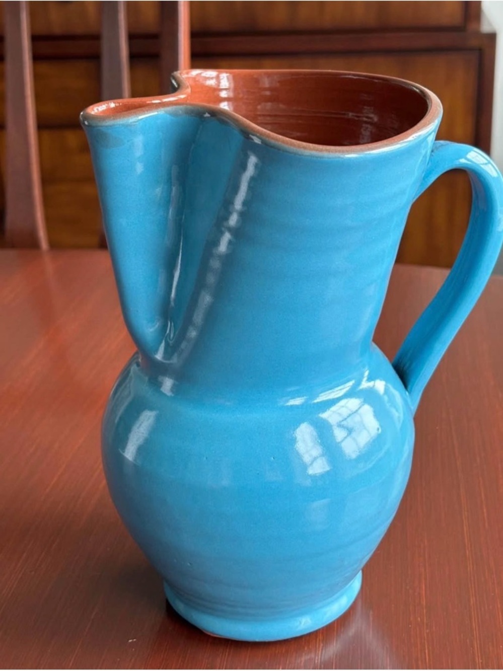Unique Handcrafted clay handle pitcher/vase/decor piece,stamped/signed,aqua blue